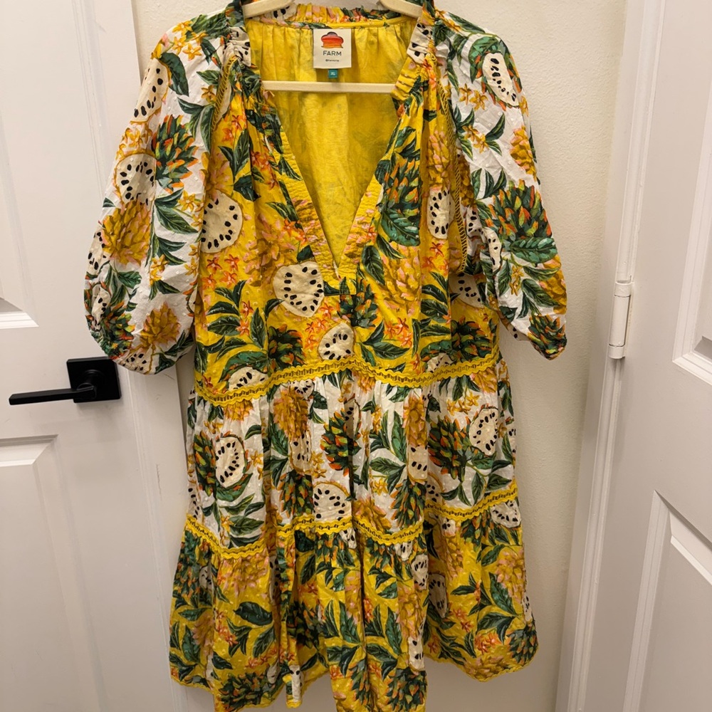 FARM Rio Yellow Green Puff Sleeve Wrap Dress